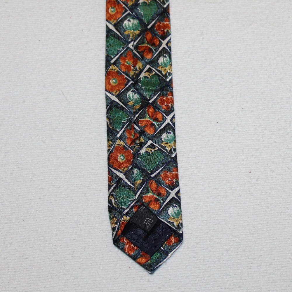 Ermenegildo Zegna 100% silk necktie green orange flower butterfly leaf Italy tie - Picture 6 of 8